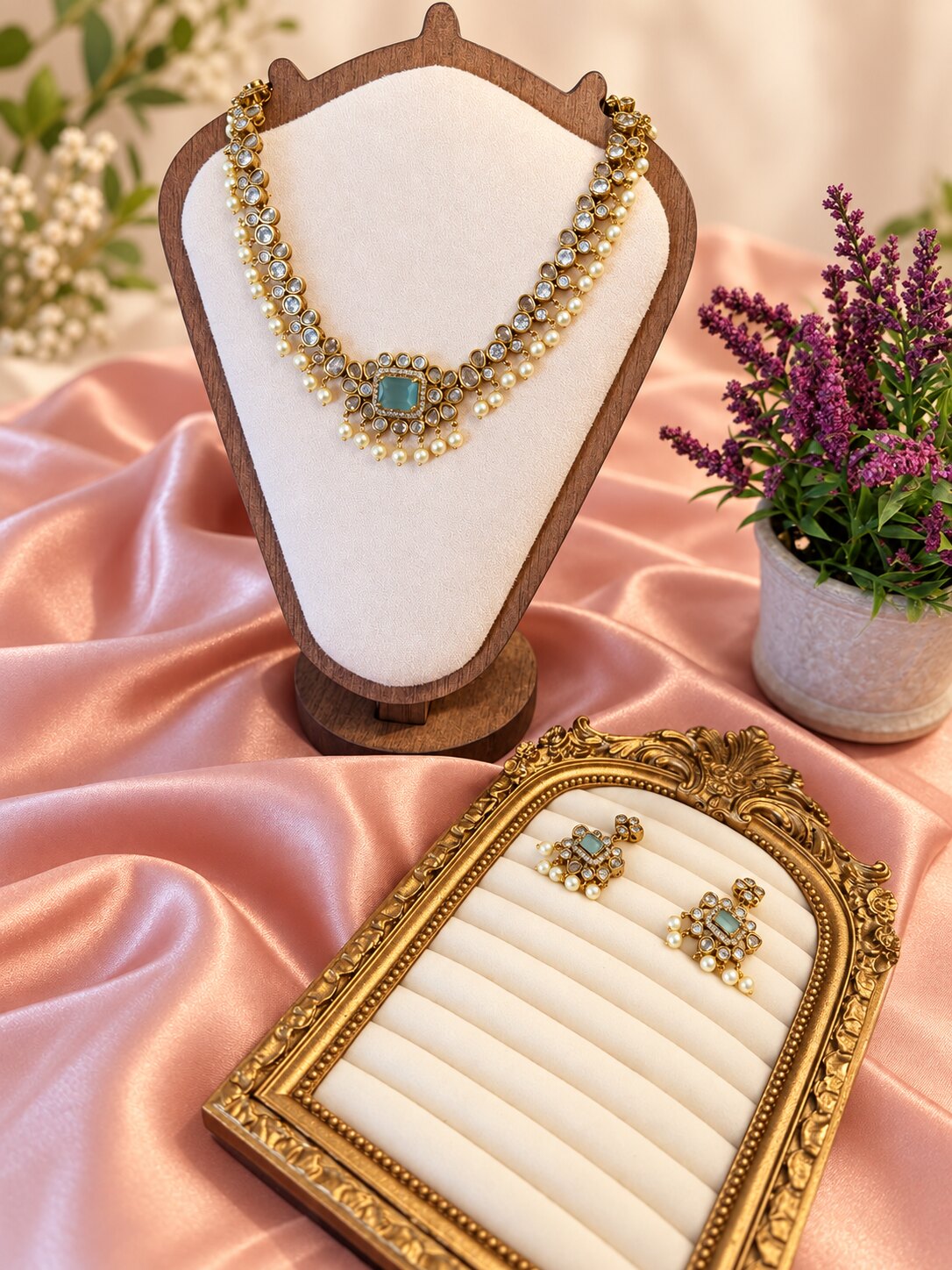 Inayat necklace set in Mint Green with rectangular centre detail and matching earrings